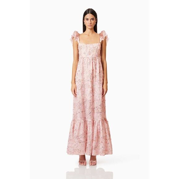 ELLIATT REGINA PINK 3D FLOWER & SEQUIN EMBELLISHED RUFFLE MAXI DRESS SiZE S NWT - Picture 2 of 7